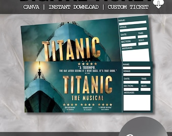 Printable TITANIC Musical Theatre Ticket, Personalized Gift Reveal, Editable West End, Broadway Souvenir Keepsake, Canva Download