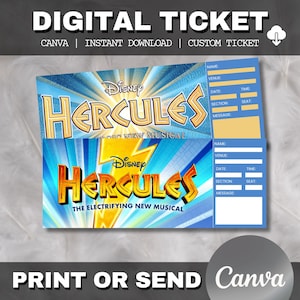 Pode incluir: Design de bilhete digital para o musical Hércules da Disney. O design apresenta o logotipo de Hércules com um raio e o texto "The Electrifying New Musical". Inclui campos para nome, local, data, hora, seção, assento e mensagem.
