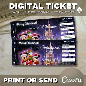 Editable Christmas Disneyworld Ticket Theme Park Surprise Reveal Ticket, Paris Florida Tokyo, Christmas Gift Disneyland Boarding Pass
