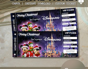 Editable Christmas Disneyworld Ticket Theme Park Surprise Reveal Ticket, Paris Florida Tokyo, Christmas Gift Disneyland Boarding Pass