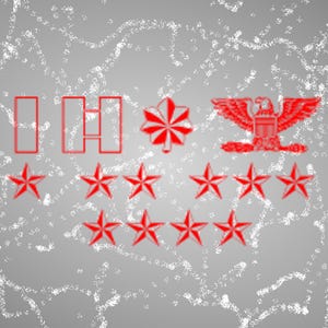 May include: Red military rank insignia with a star, eagle, and bars. The insignia is on a gray background with a white pattern.