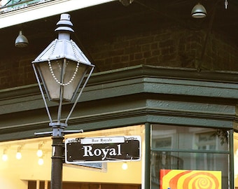 New Orleans Art "Royal Street Sign #2" Photograph, Affordable Print. Mardi Gras. Black and White French Quarter Street Lamp.