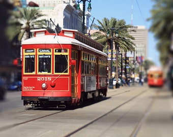 New Orleans Street Car Photography, "Canal Street Car", NOLA Art, Red, City, Travel Photograph.