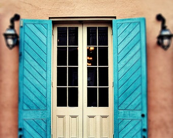 New Orleans French Quarter Door Photograph "Orleans". Mardi Gras. Bright Turquoise Blue Shutters. 8x10, 11x14, 16x20, 20x24, 24x30, 24x36