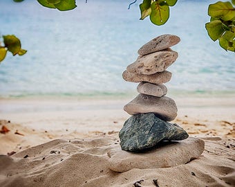 Beach Photography, Zen Photograph of Stacked Rocks, St. John USVI Relaxation Print