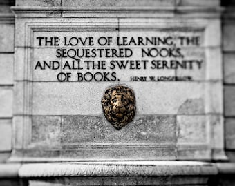 Library Photography, Gift for Book Lover, St. Louis Central Public Library Print, Black and White Fine Art Print, Henry Longfellow Quote