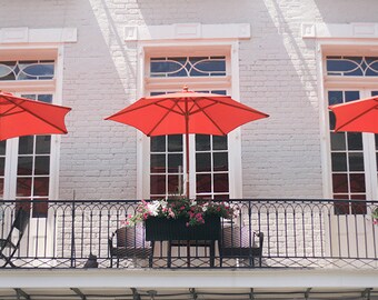 New Orleans Balcony Photograph French Quarter. "Red Umbrellas" Fine Art Photograph, Home Decor, Wall Art.
