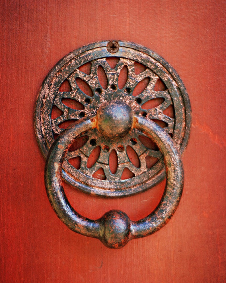 Fine Art Photography Red Door Knocker Photograph, Affordable Fine Art Print. 8x10, 11x14, 16x20, 20x24, 24x30, 24x36, 30x40 image 1