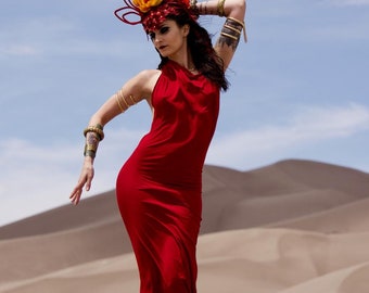 Red Goddess Dress, Backless Dress with hood belly dance,bamboo dress,Priestess dress, Whimsigoth dress,Belly dancing costume, red long dress