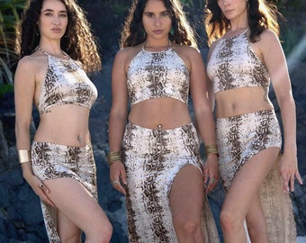 professional belly dance costume set, snakeskin halter top boho festival outfit for women, double split skirt for dance, bamboo clothing