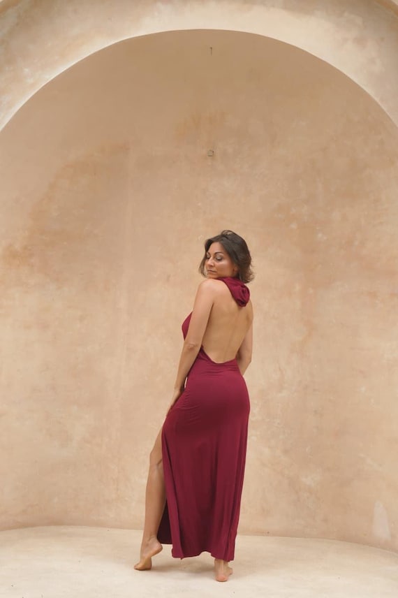 backless hoodie dress Hooded Double Split Dress, Deep Red Dress,belly Dance Dress, Burning Man Dress, Witch Dress, Lon Red Whimsy Goth Integrated hood – casual Festival woman How to Wear a Size:S (8)