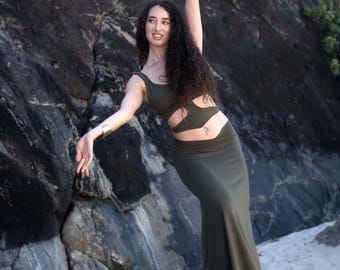 Goddess Skirt and Top Set, Cut-Out Top and Skirt Set, Belly Dance Costume, Festival Outfit, Gift for Her, Pixie Skirt, Long Skirt Esemble