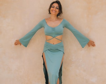 Flare Sleeve Top Bamboo, Long Sleeve Crop Top, Off shoulder Top, flared yoga top, ectstatic dance top