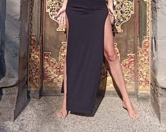 Double Split Skirt women, Black Goddess Two Split Skirt, Bamboo Skirt, Belly Dance Skirt, dancer gifts for women, Ecstatic dance skirt