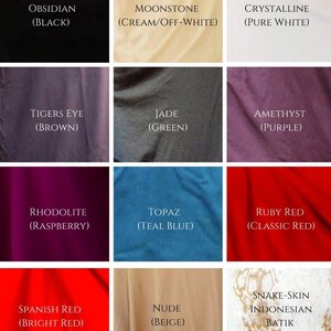 May include: A color chart showing 12 different fabric swatches with their corresponding names and color descriptions. The swatches are arranged in a 4x3 grid. The colors include black, cream, white, brown, green, purple, raspberry, teal blue, red, bright red, beige, and a brown and white snake skin pattern.