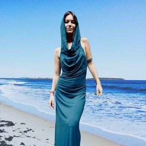 Teal Goddess Dress, Backless dress Blue Dress, Egyptian Priestess Dress, Belly Dance Costume, Hooded Dress, Dancing Dakini, Beach dress