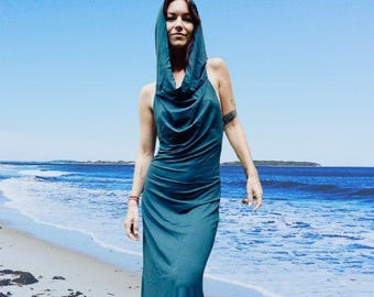 Teal Goddess Dress, Backless dress Blue Dress, Egyptian Priestess Dress, Belly Dance Costume, Hooded Dress, Dancing Dakini, Beach dress