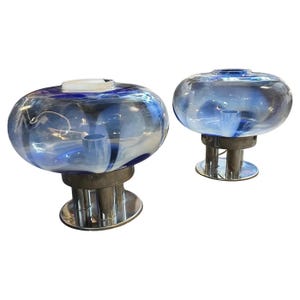 Two 1970s Space Age Murano Glass and Steel Table Lamps by Mazzega