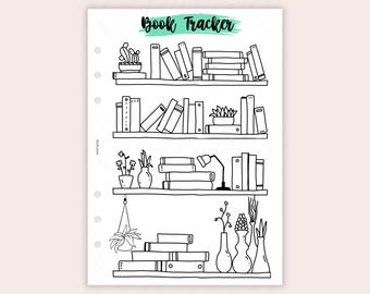 May include: Black and white line drawing of a bookshelf with three shelves. Each shelf has books, plants, and other decorative items. The text "Book Tracker" is written in green at the top of the page.