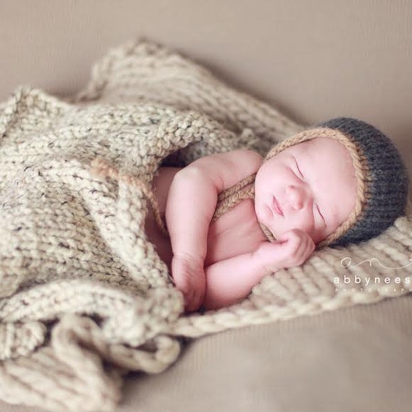RTS Newborn Bonnet - Slate Grey with Fawn Trim- Luxury Alpaca - Newborn Boy Knit Hat Photo Prop