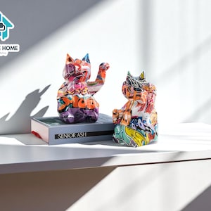 Graffiti Abstract Cat Figurine | Modern Resin Animal Statue | Colorful Entryway Display Decor | Home Table or Shelf Art Sculpture