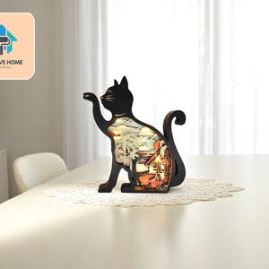 Hölzerne Katze geschnitzte Figur mit Lichtern | Funktionale Wohnkultur Skulptur | Nordische Ornament | Entspannendes Raumakzentstück