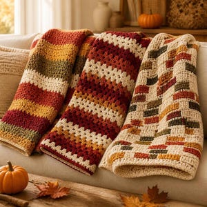 Peut inclure: Trois couvertures crochetées aux palettes de couleurs inspirées de l'automne. Une couverture présente des rayures horizontales rouges, orange, jaunes et vertes. Une autre a un motif en points de grappe texturés. La troisième a un design tissé.