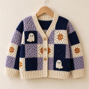 Haakpatroon voor een spookvest, patchworktrui met granny squares (PDF), Halloween-jasje met spookapplicaties, tutorial voor een griezelige herfsttrui