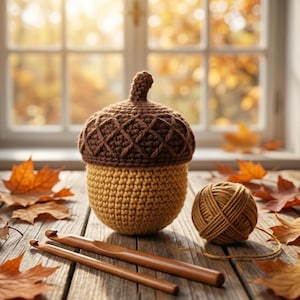 May include: A crocheted acorn with a dark brown textured cap and a light brown base, accompanied by a ball of brown yarn and two wooden crochet hooks. The acorn features a small stem on top and a cross-hatched pattern on the cap.