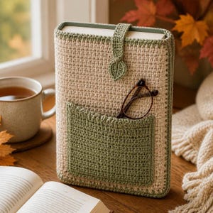 Peut inclure: Une housse de livre crochetée beige et vert sauge avec une poche avant, une patte de fermeture en forme de feuille et une paire de lunettes à monture sombre posée dans la poche. La housse présente un point dense et une bordure verte.