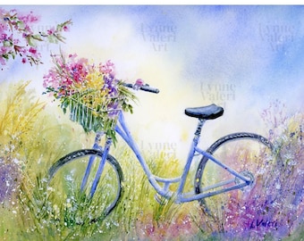Original Watercolor Painting 11x14- Bicycle With Flowers, Bicycle