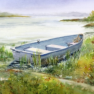 Watercolor boat art print, Cape Cod rowboat wall decor, coastal seaside marsh print