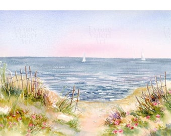 Cape Cod Sailboats Beach Roses Watercolor Print, Coastal Wall Art, Seascape Painting