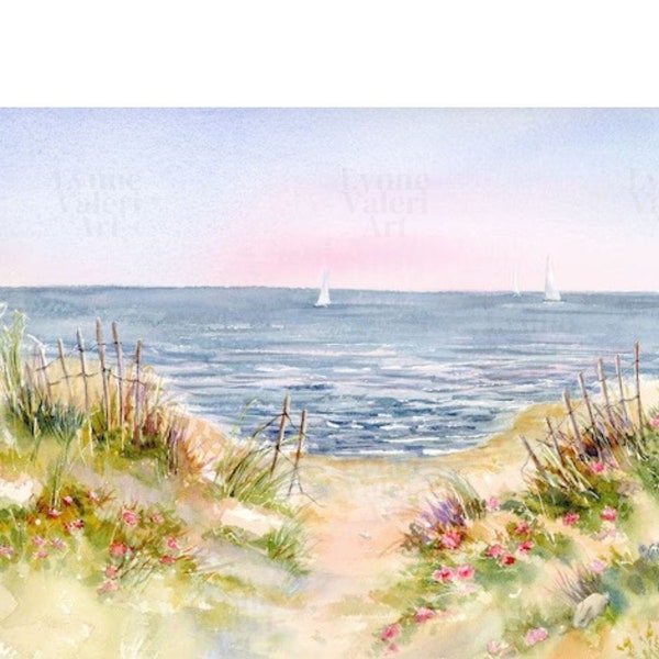 Cape Cod Sailboats Beach Roses Watercolor Print, Coastal Wall Art, Seascape Painting