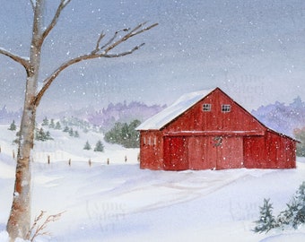 Red Barn Winter Watercolor Art Print: Snow Landscape Painting