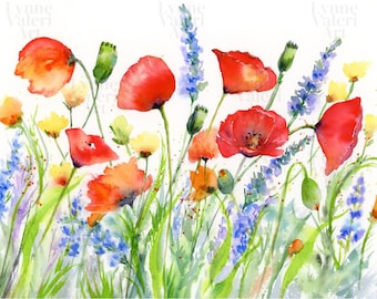 Watercolor Poppies Art Print: Wildflower Painting