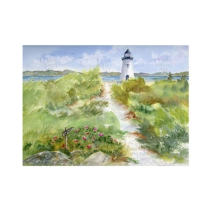 Martha&#39;s Vineyard Art, Watercolor Lighthouse, Cape & Islands Art, Beach painting