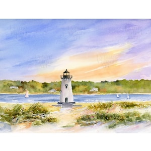 Martha&#39;s Vineyard Lighthouse Watercolor Art Print: Cape Cod Sunset