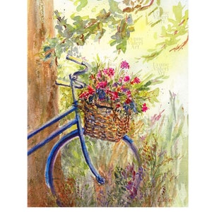 Bicycle Art Print, Basket Flowers Painting, Outdoor Nature Art Print, Watercolor Bike Painting image 1