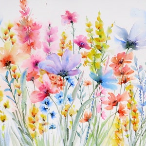 Wildflower Meadow Watercolor Art Print: Colorful Floral Painting