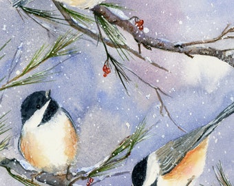 Watercolor - Print - Chickadees - Winter - Snow
