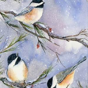 Watercolor Chickadees Art Print, Winter Snow Birds Wall Decor, Nature Birds Painting