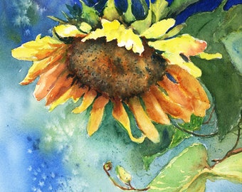 Sunflower Watercolor Art Print, Colorful Nature Wall Decor