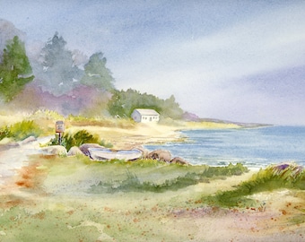 Cape Cod Cottage Art Print, Beach Roses Watercolor Painting