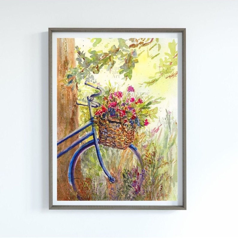 Bicycle Art Print, Basket Flowers Painting, Outdoor Nature Art Print, Watercolor Bike Painting image 3
