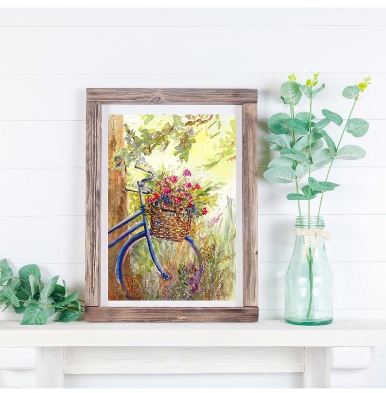 Bicycle Art Print, Basket Flowers Painting, Outdoor Nature Art Print, Watercolor Bike Painting image 2