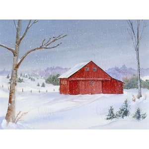 Winter Barn Art, Snow Landscape Painting, Red Barn Winter Watercolor Art Print