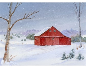 Winter Barn Art, Snow Landscape Painting, Red Barn Winter Watercolor Art Print