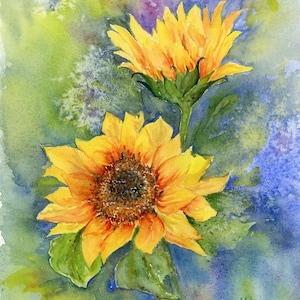Sunflowers Art Print, Watercolor Sunflowers, Garden Flower Wall Decor, Farmhouse Painting