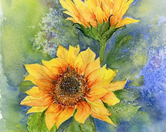 Sunflowers Art Print, Watercolor Sunflowers, Garden Flower Wall Decor, Farmhouse Painting